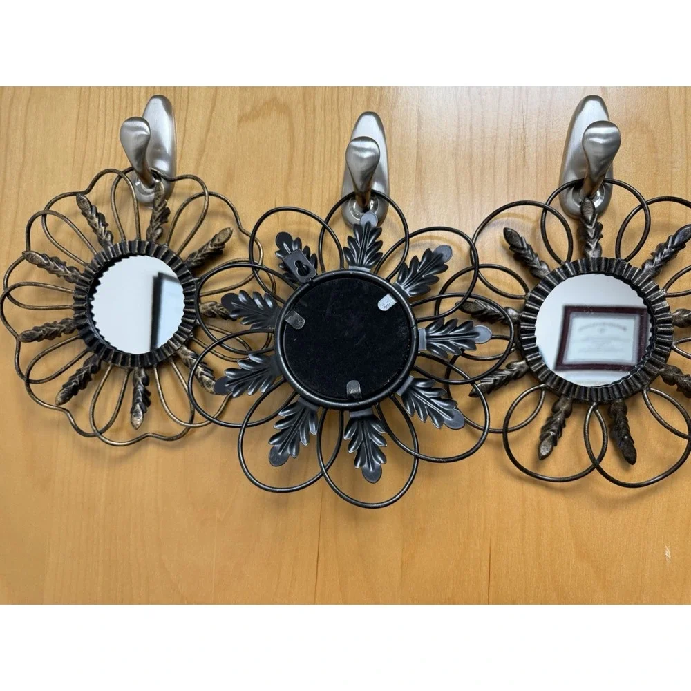 Lot of 3 Vintage Metal Flower Shaped Hanging Mirrors with Leaves Home Decor